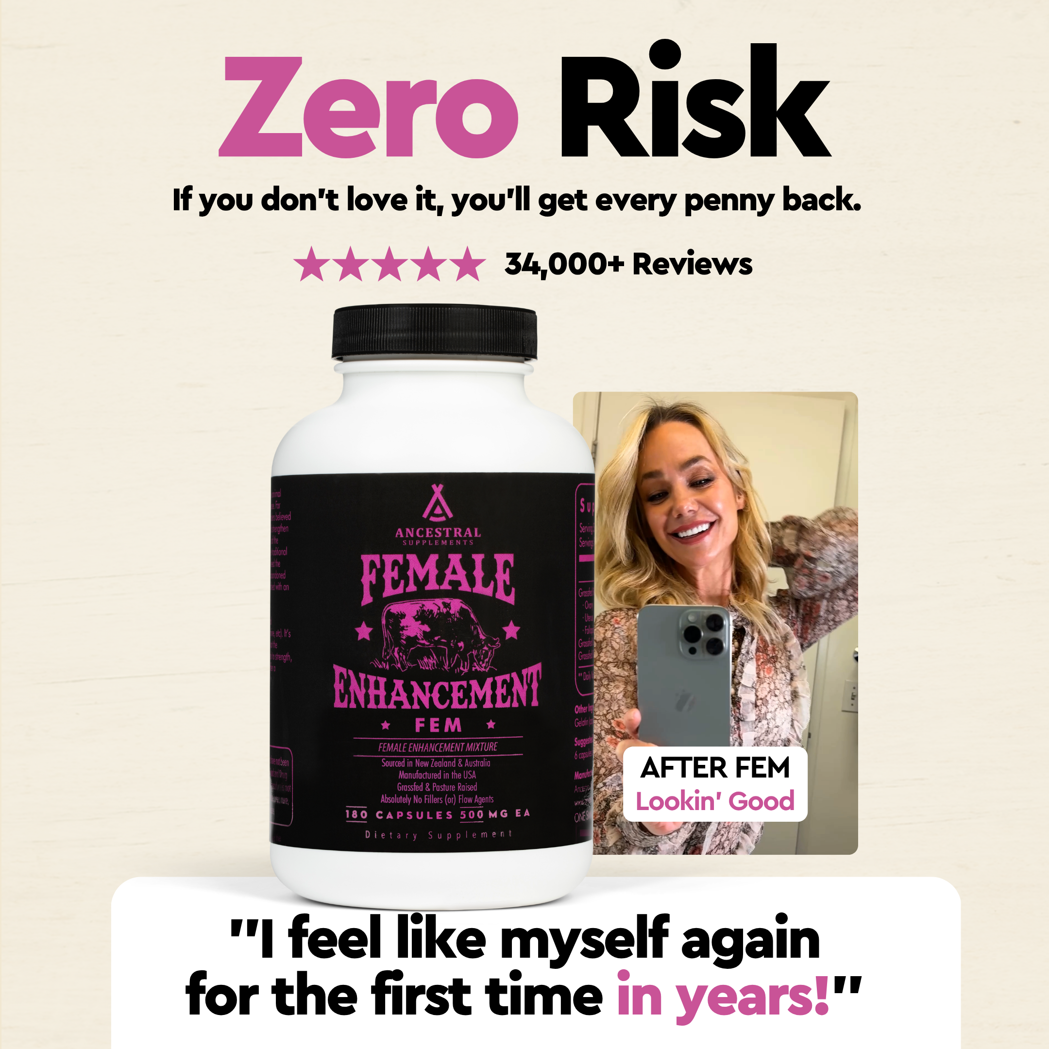 A woman meditates next to text listing the benefits of a grass-fed beef organ supplement for women.