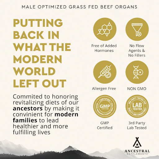 Promotional image for grass-fed beef organs supplement with certification icons and health benefit claims.
