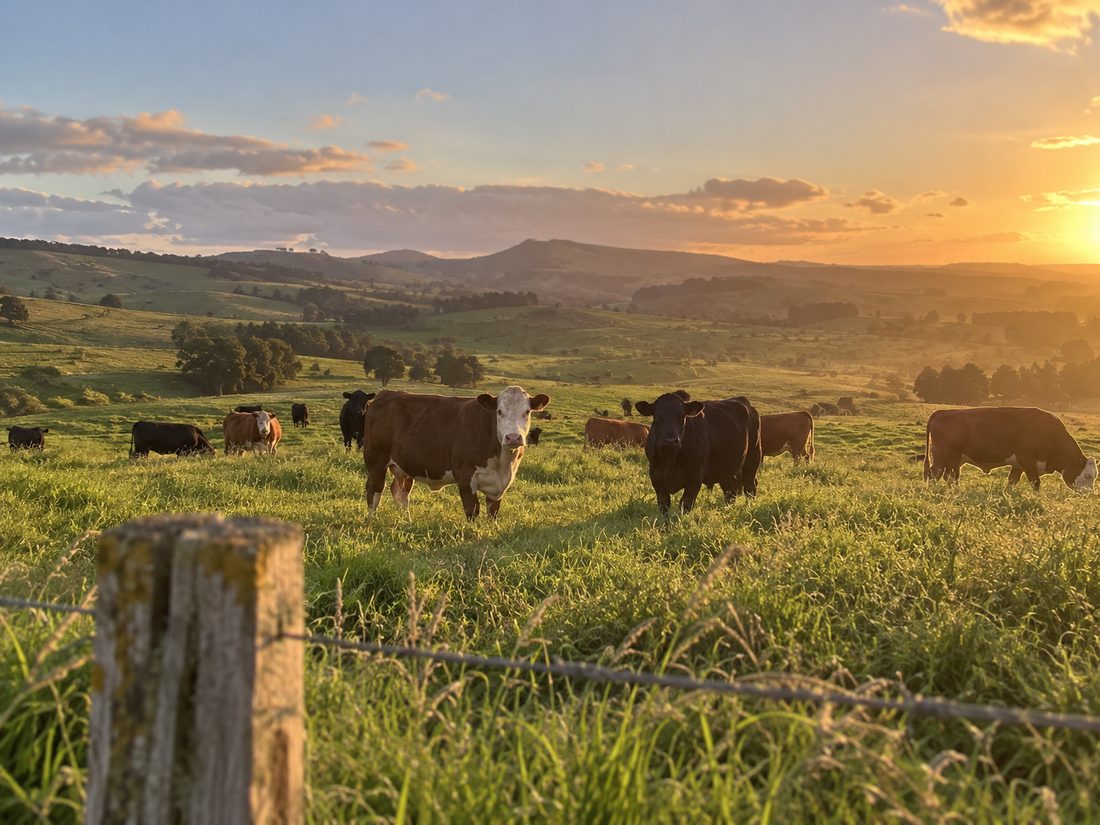 Cows graze in a lush, green pasture with rolling hills in the background during a golden sunset.