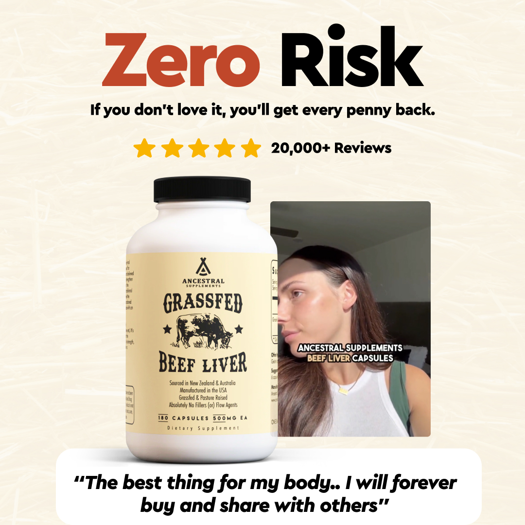 A woman meditates next to text listing the benefits of a grass-fed beef organ supplement for women.