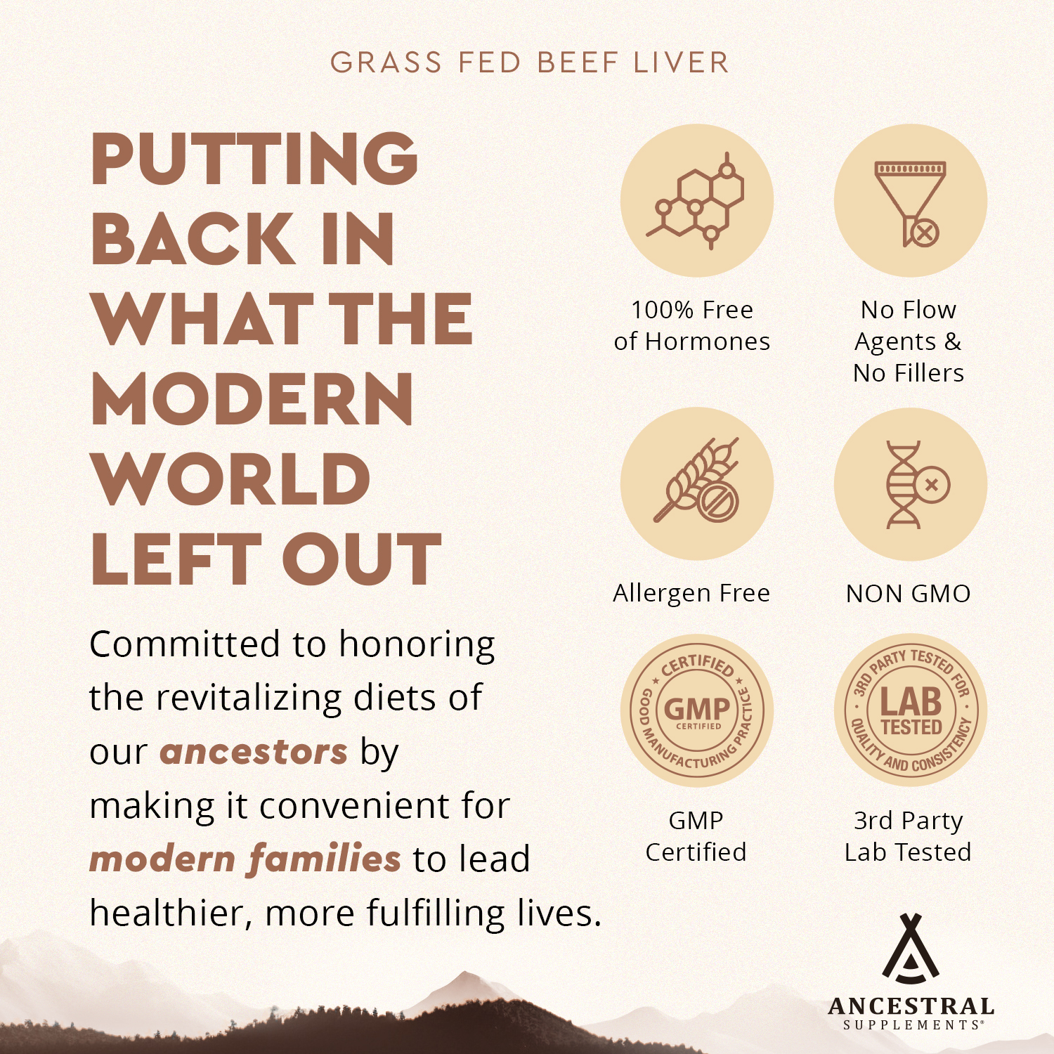 Promotional image for grass-fed beef liver supplements with health claims and certifications.