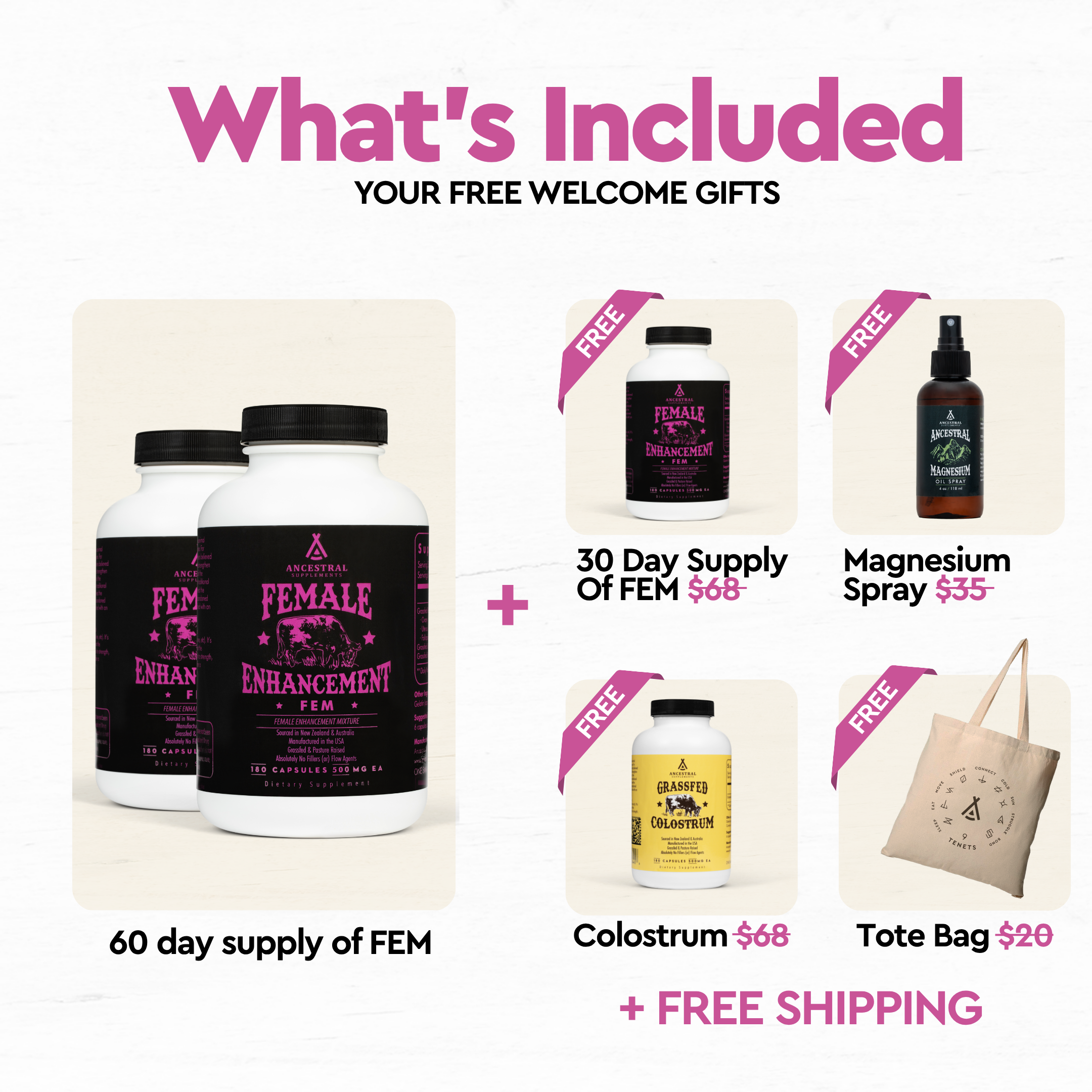 An advertisement for Female Enhancement supplement listing customer reasons for use, with the bottle and a woman outdoors.