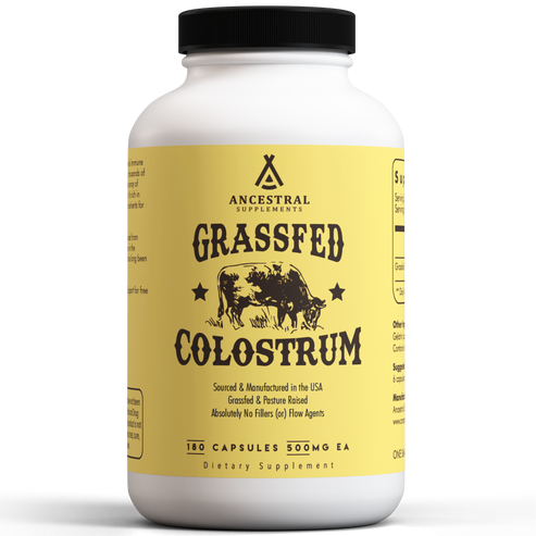 A bottle of Ancestral Supplements Grassfed Colostrum, a dietary supplement containing 180 capsules.