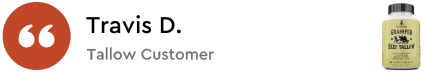 Quote icon, text 'Tallow Customer', and a bottle of beef tallow.