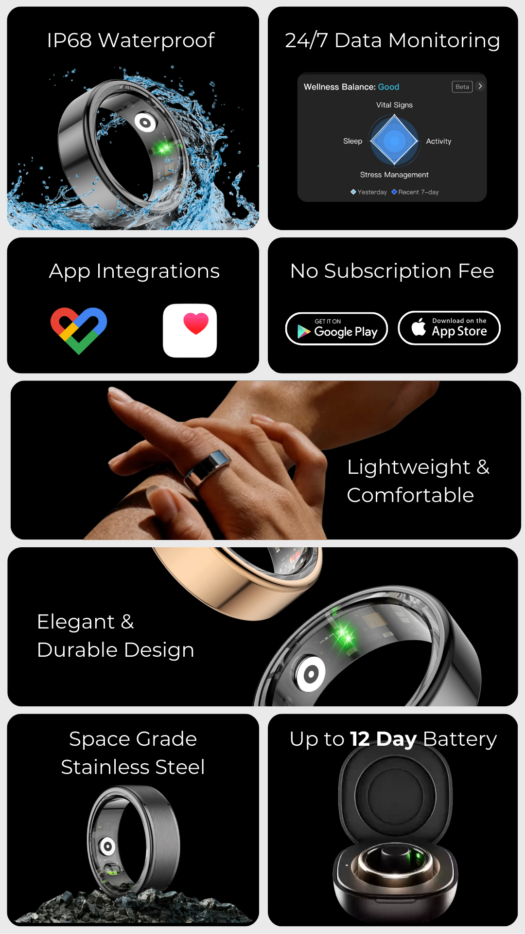 Smart ring with features for exercise, oxygen, heart rate, and sleep monitoring.