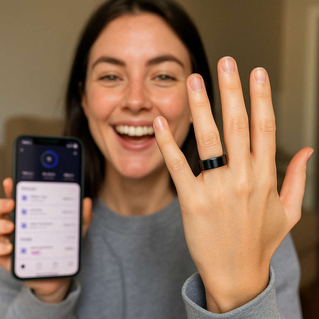 Smiling person showing a black ring and holding a smartphone.