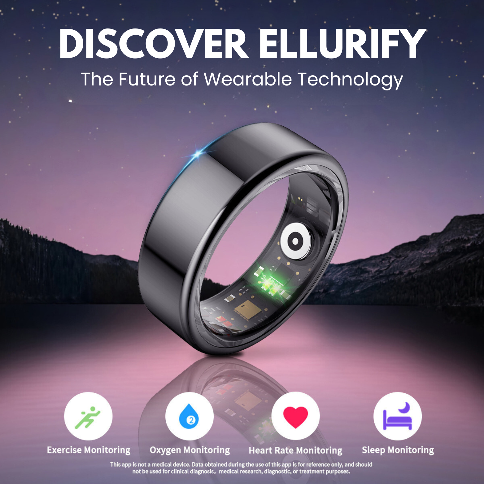 Smart ring with features for exercise, oxygen, heart rate, and sleep monitoring.