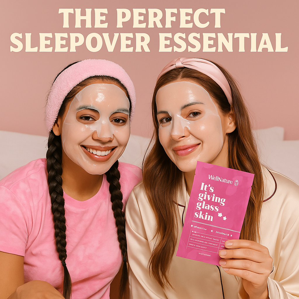 Two people with face masks, one holding a skincare product, smiling in a pink-themed room.