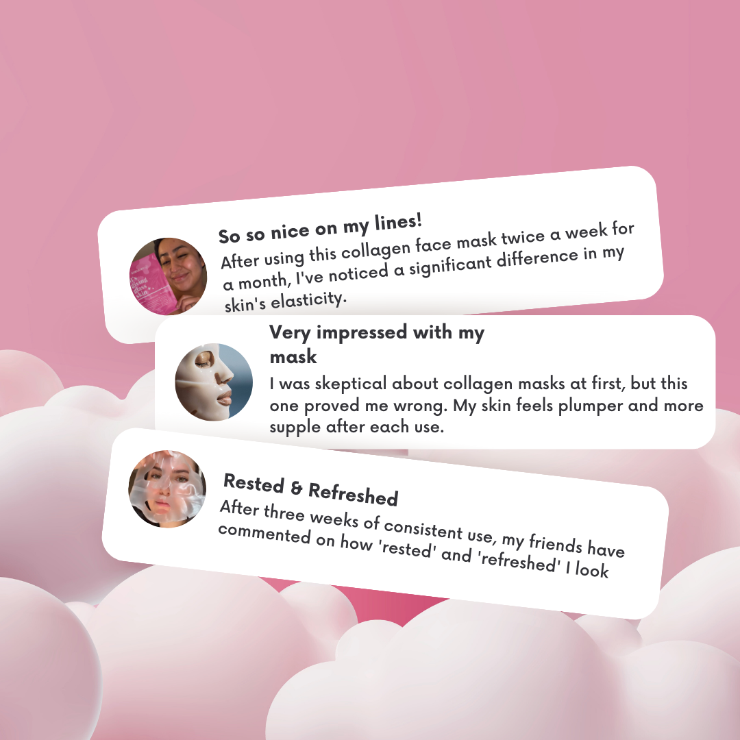 Three testimonial cards about collagen face masks on a pink background with white clouds.