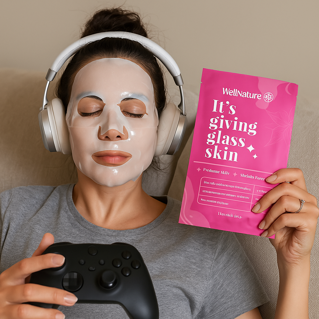 Person with a face mask, headphones, holding a game controller and skincare product.