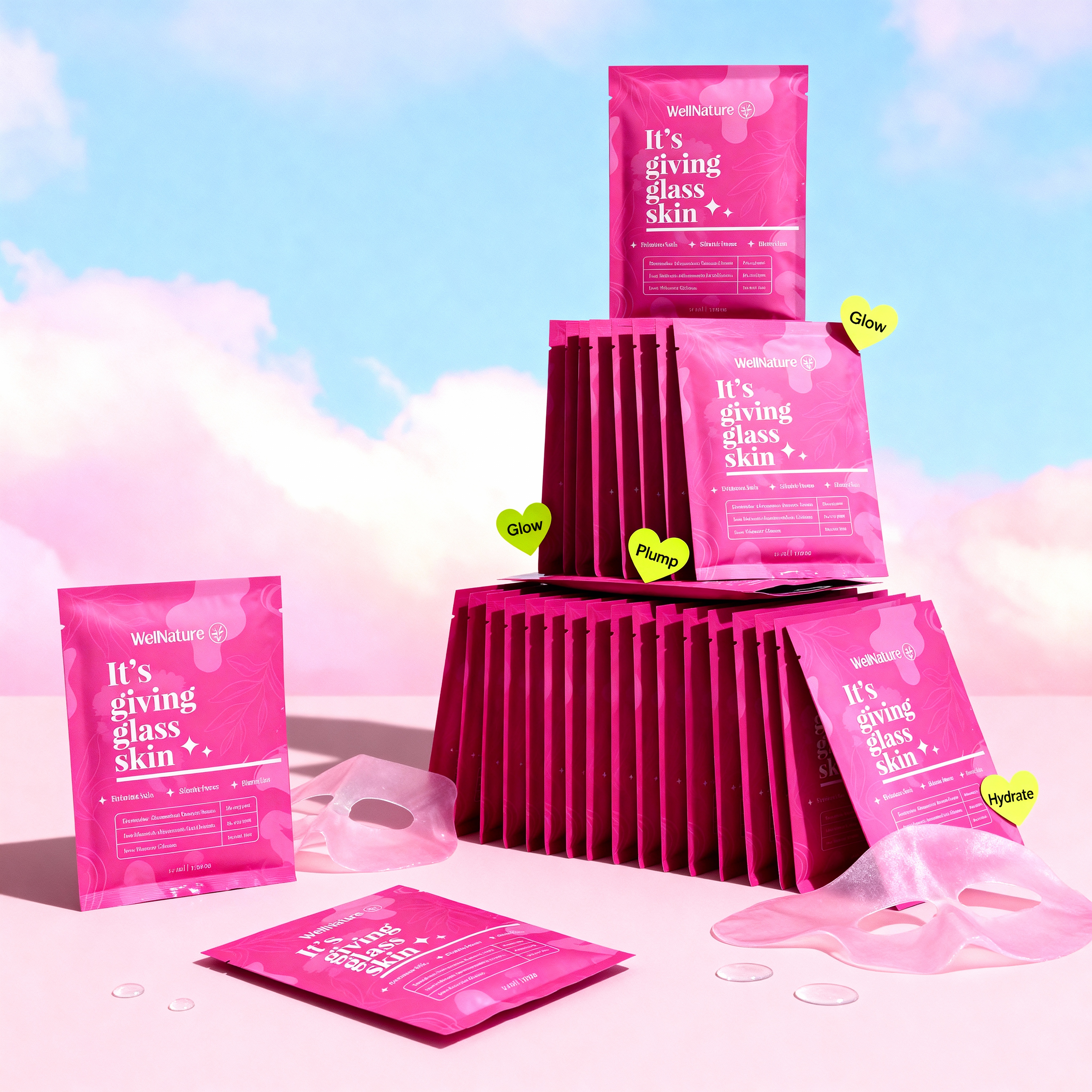 Pink skincare product packages stacked against a cloudy background.