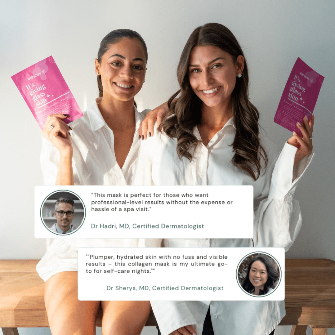 Two people smiling, holding pink skincare product packets, with dermatologist quotes displayed.