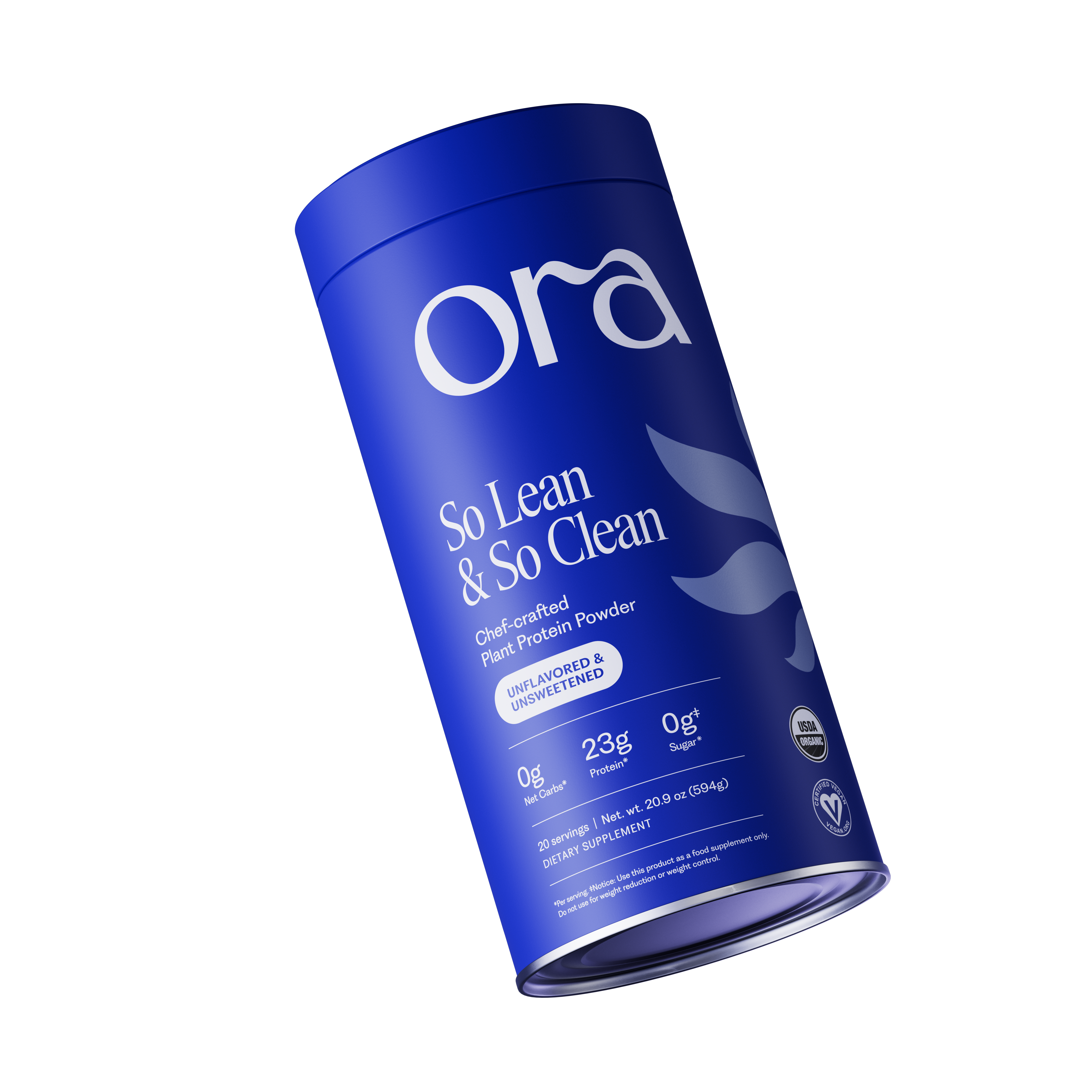 Blue container of plant protein powder, labeled 'ora' and 'So Lean & So Clean.'
