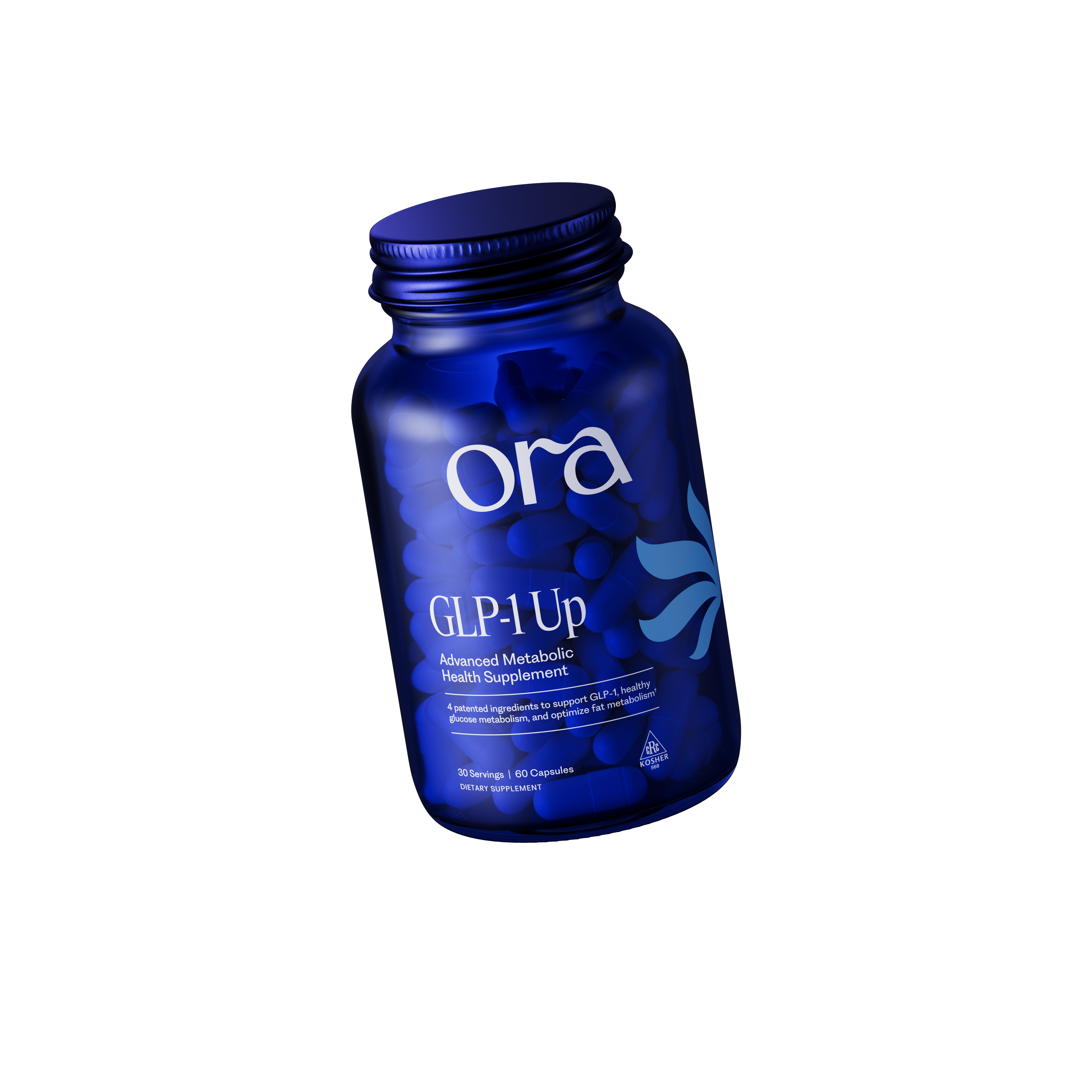 Blue supplement bottle labeled 'ora GLP-1 Up' on green background.