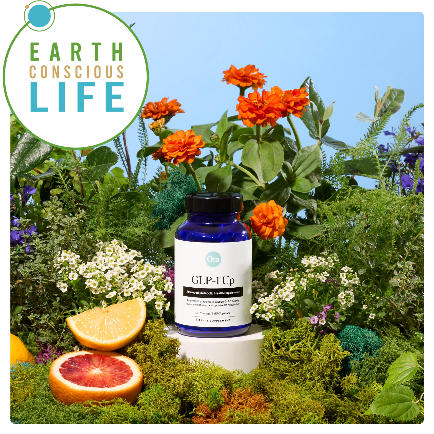 Supplement bottle surrounded by flowers and sliced citrus fruits.