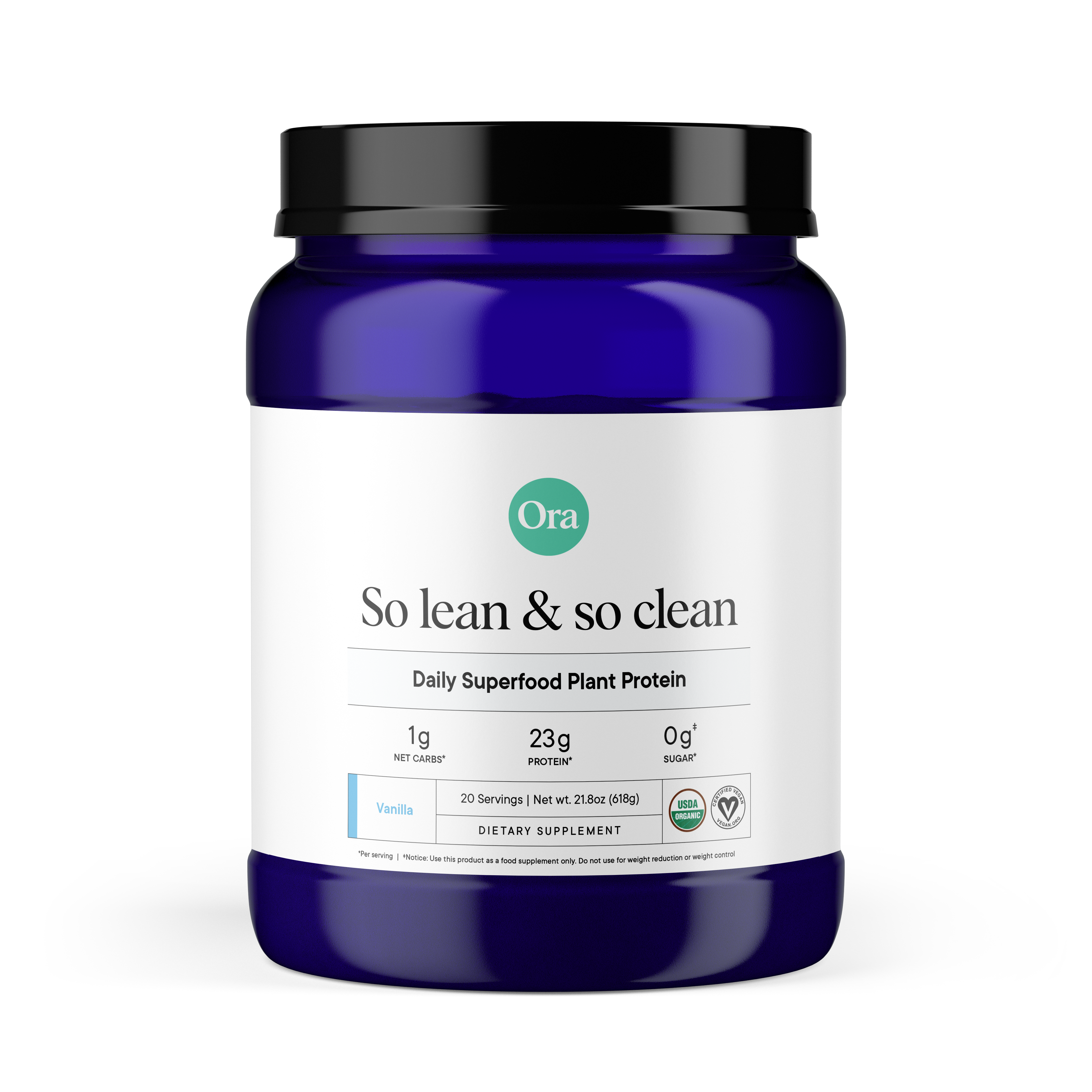 Blue jar of Ora brand plant protein with white label.