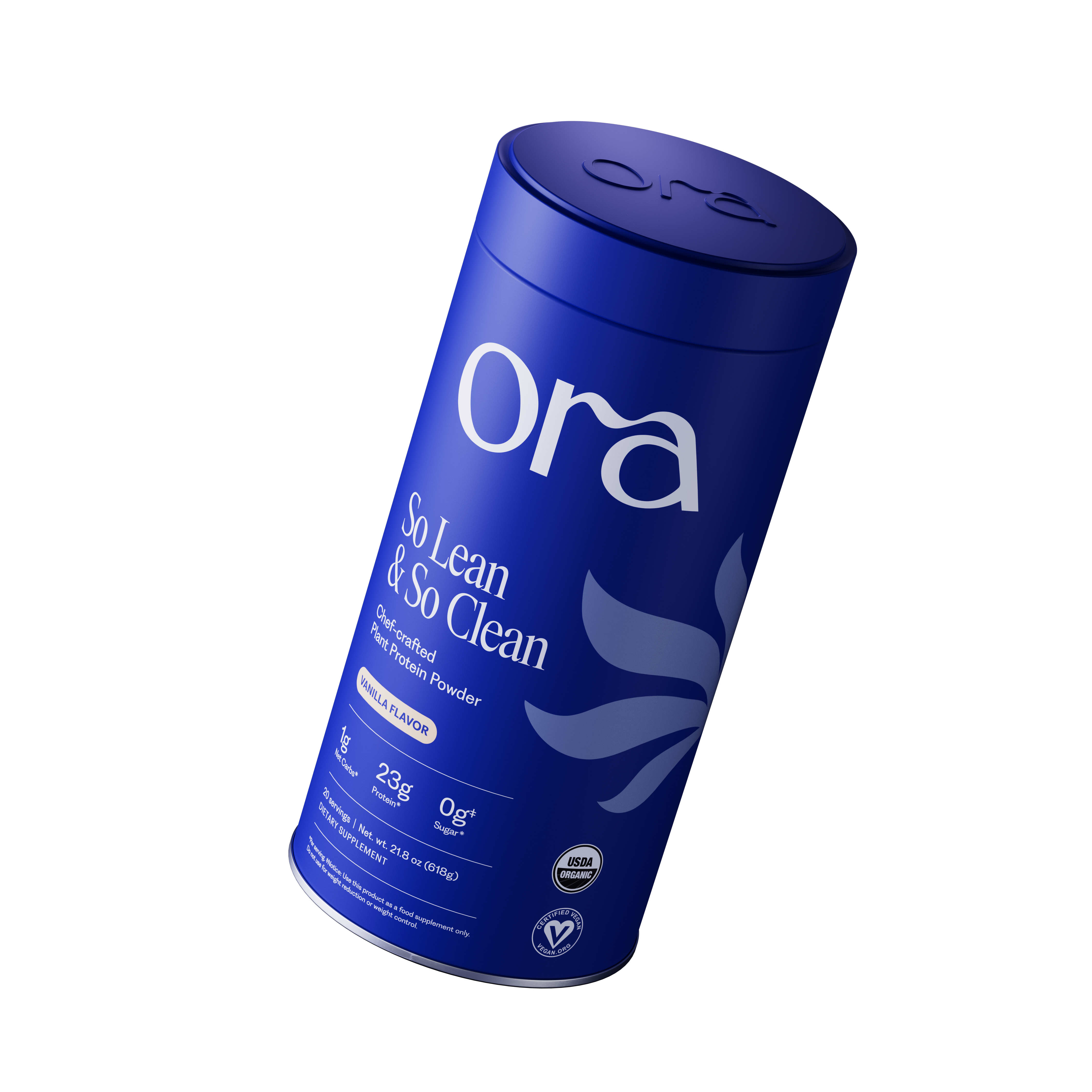 Blue cylindrical container labeled 'ora' with 'So Lean & So Clean' plant-based protein powder.
