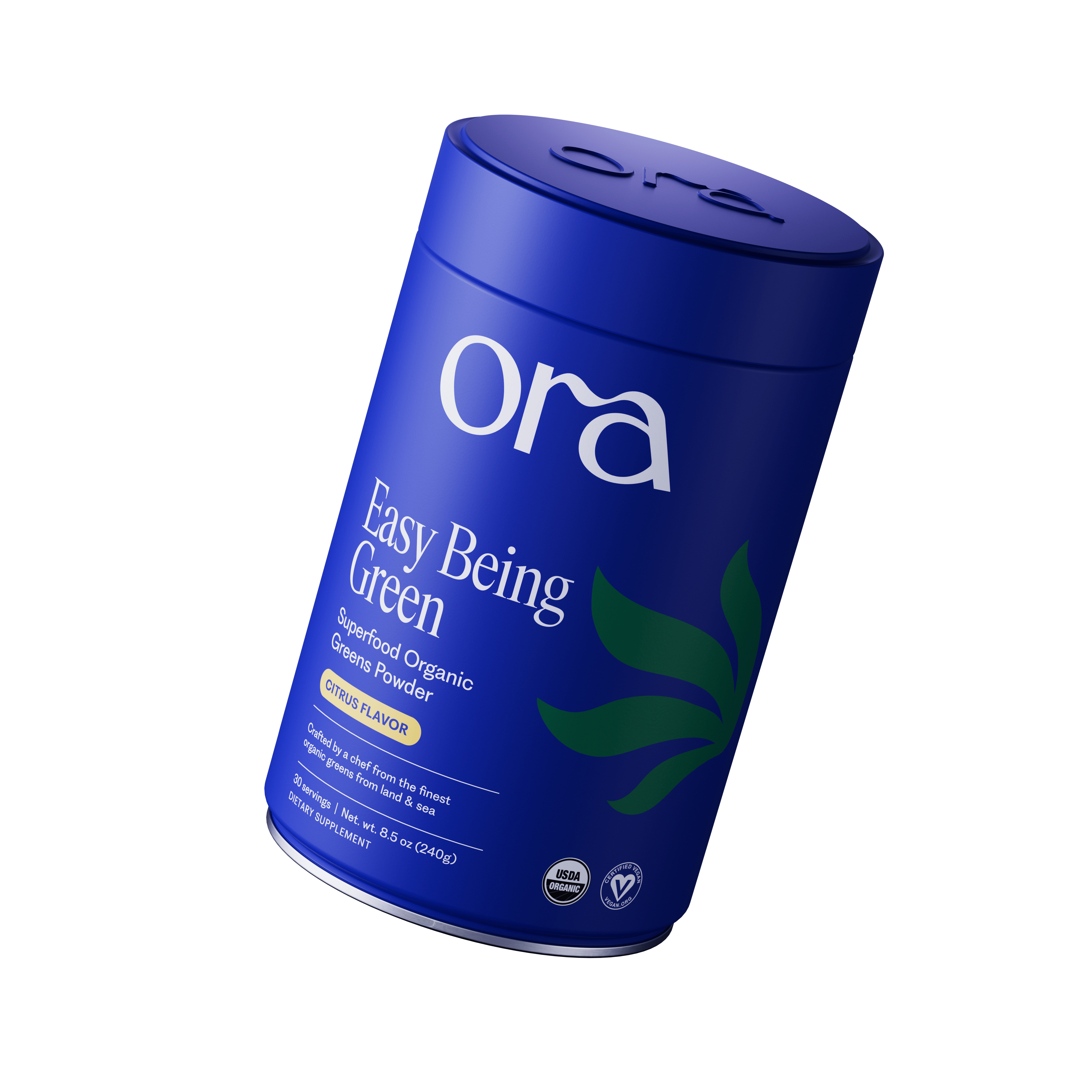 A blue container of Ora's 'Easy Being Green' Superfood Organic Greens Powder, citrus flavor.