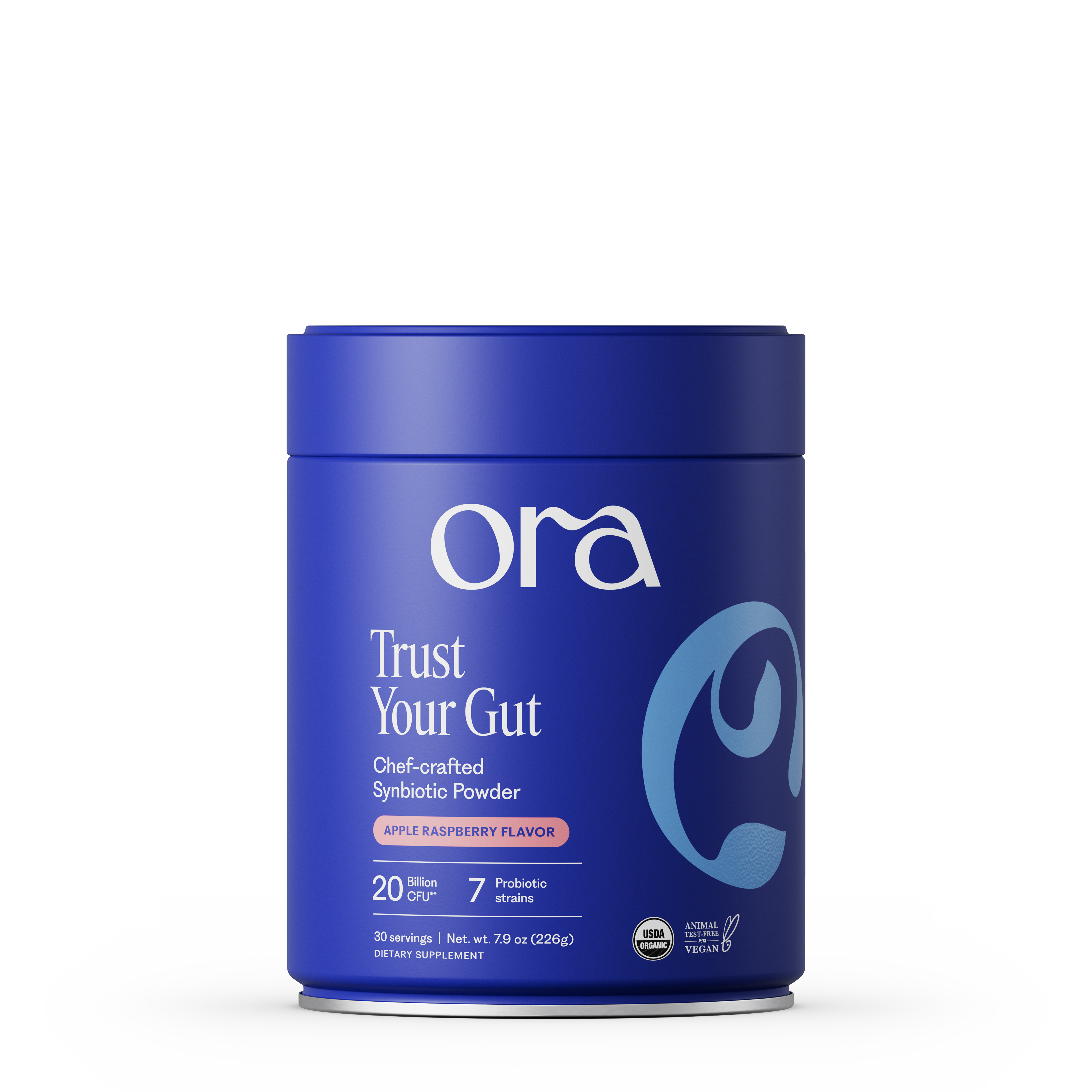 A blue container of Ora Trust Your Gut synbiotic powder in apple raspberry flavor.