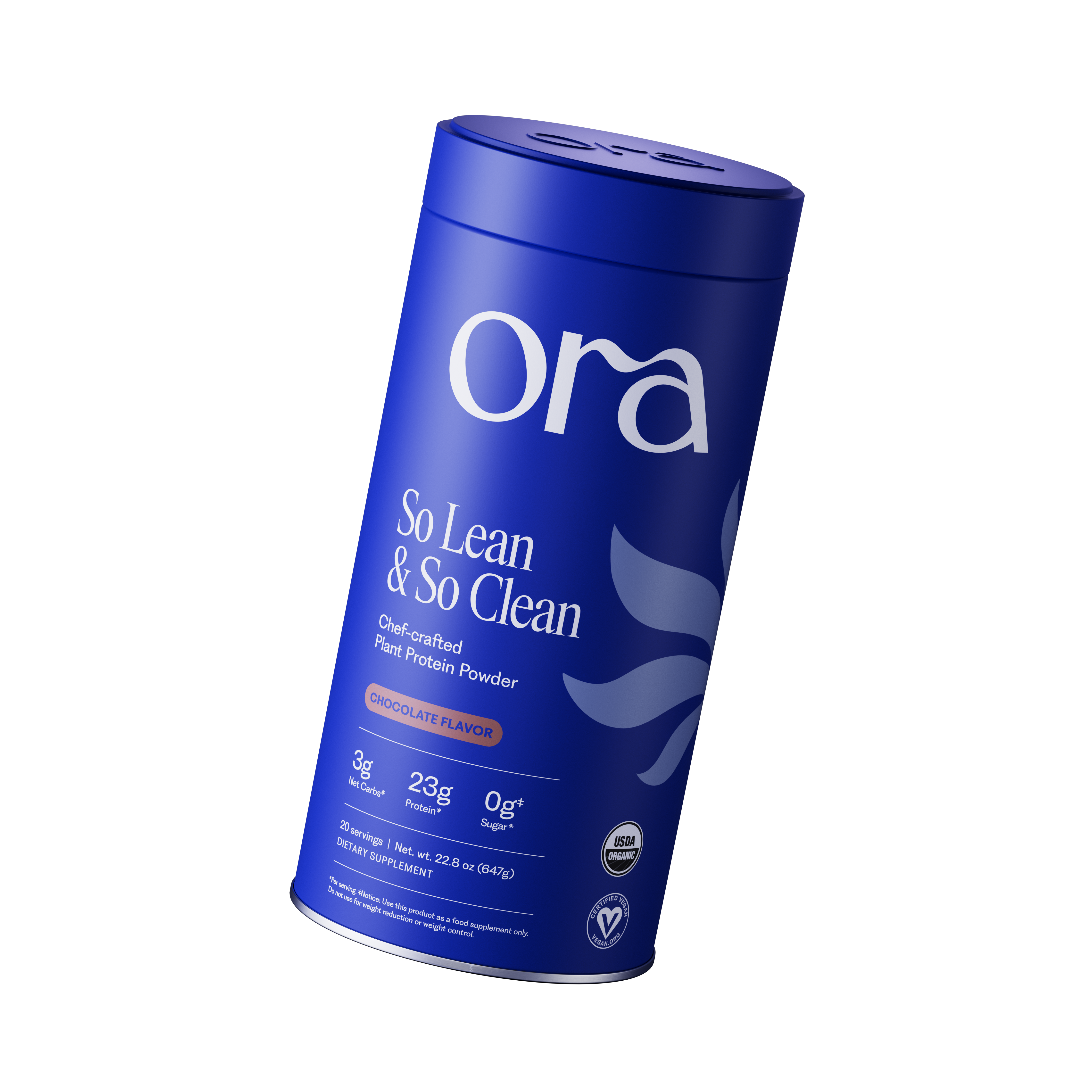 Blue container labeled 'Ora So Lean & So Clean' plant protein powder.