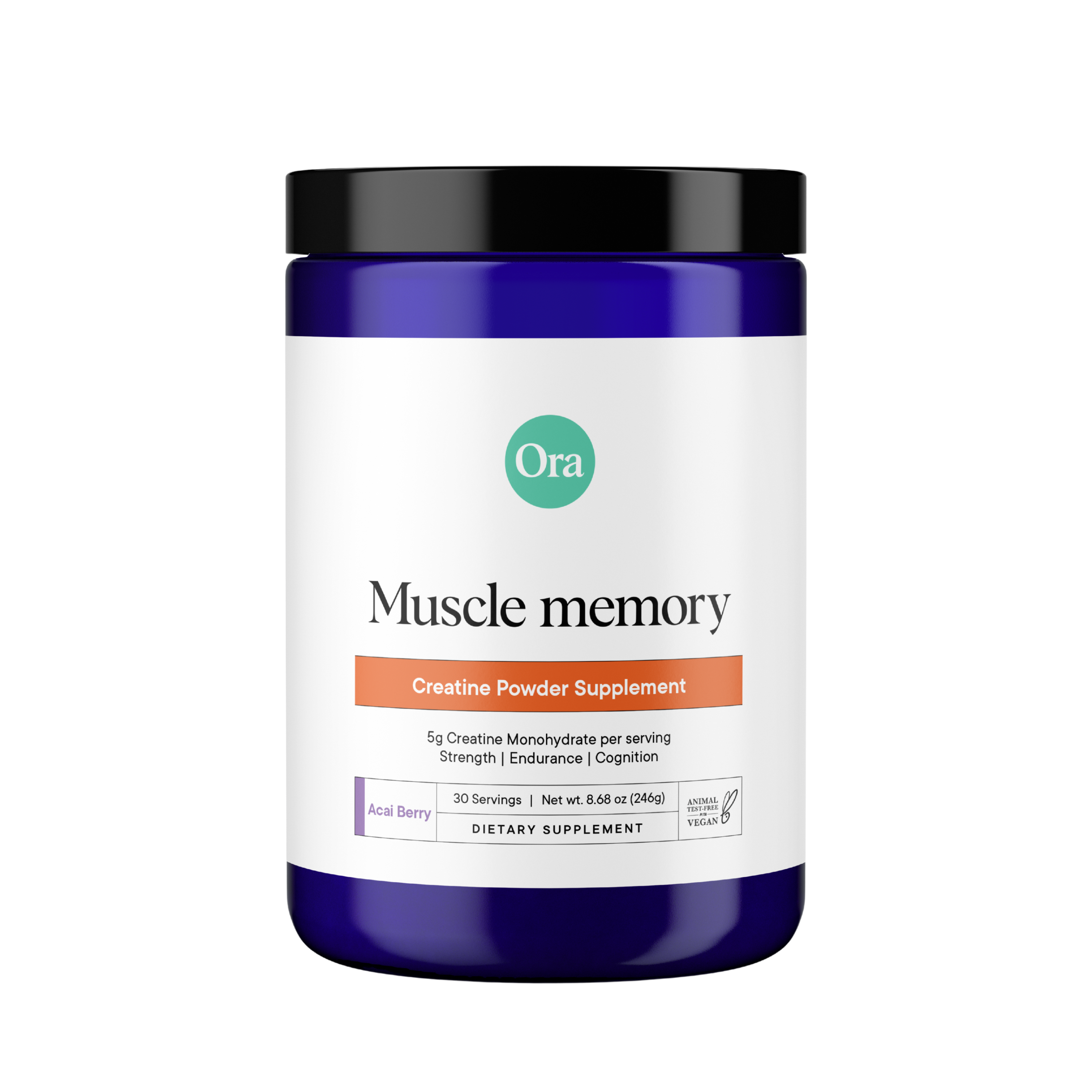 Blue and white container of creatine powder supplement labeled 'Muscle memory' by Ora.