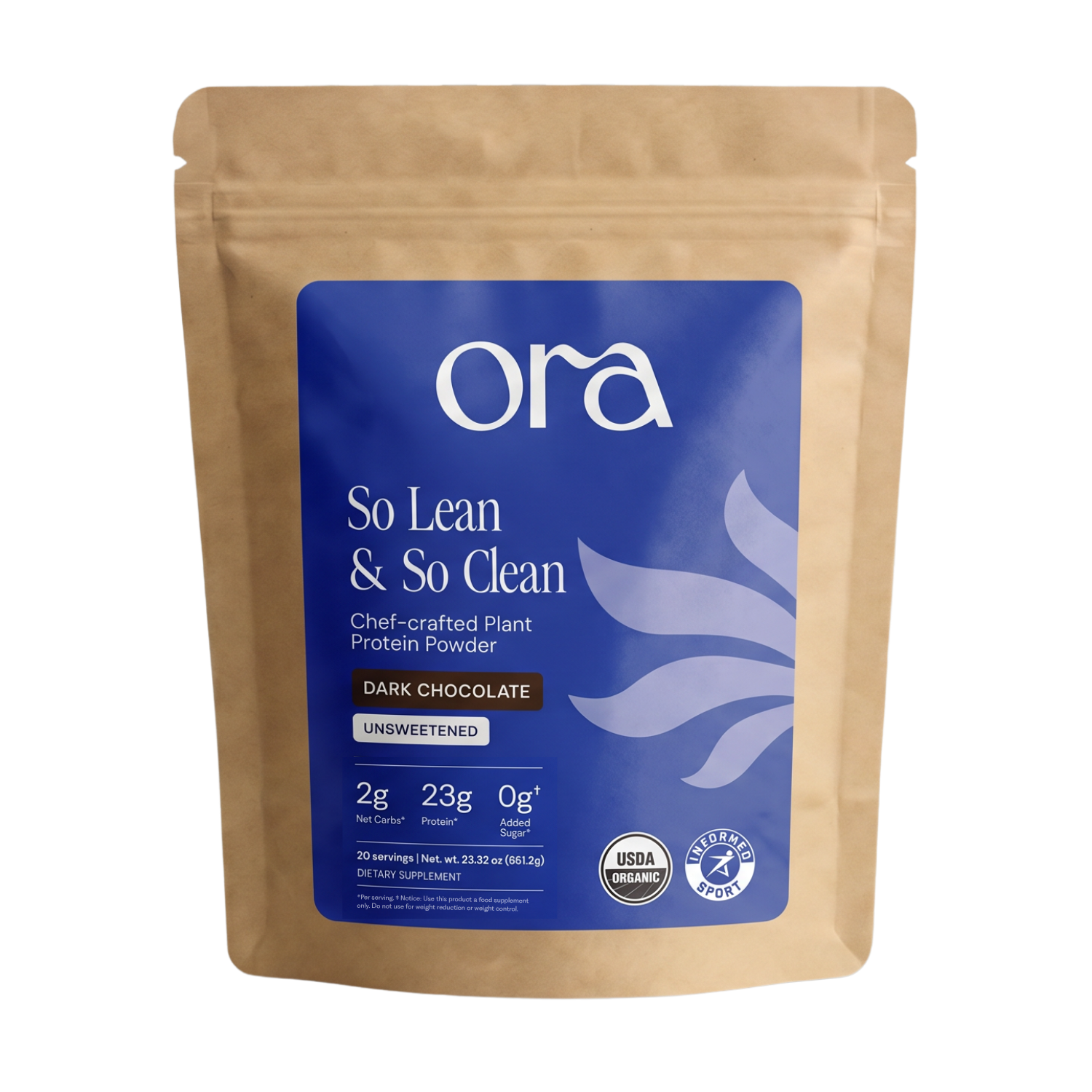 A pouch of Ora So Lean & So Clean unsweetened dark chocolate plant protein powder against a white background.