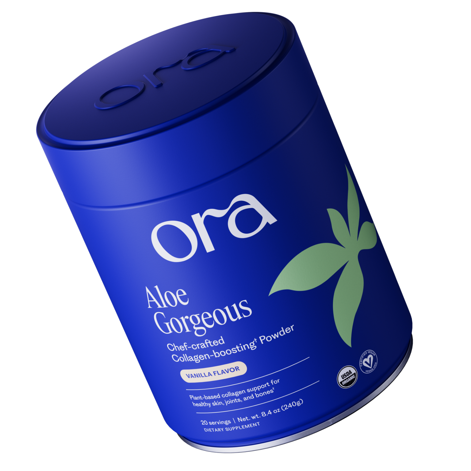 A blue canister of Ora Aloe Gorgeous vanilla-flavored collagen-boosting powder against a solid green background.