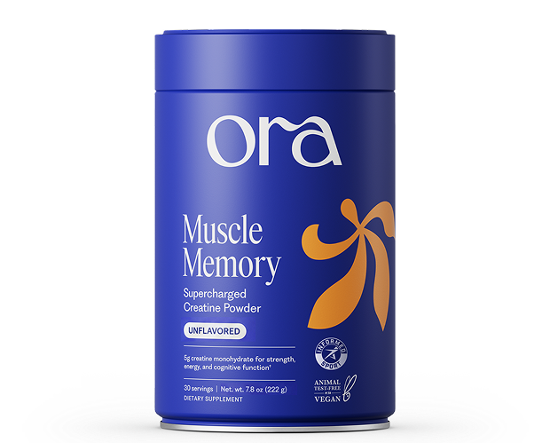 A blue container of Ora Muscle Memory Supercharged Creatine Powder against a white background.