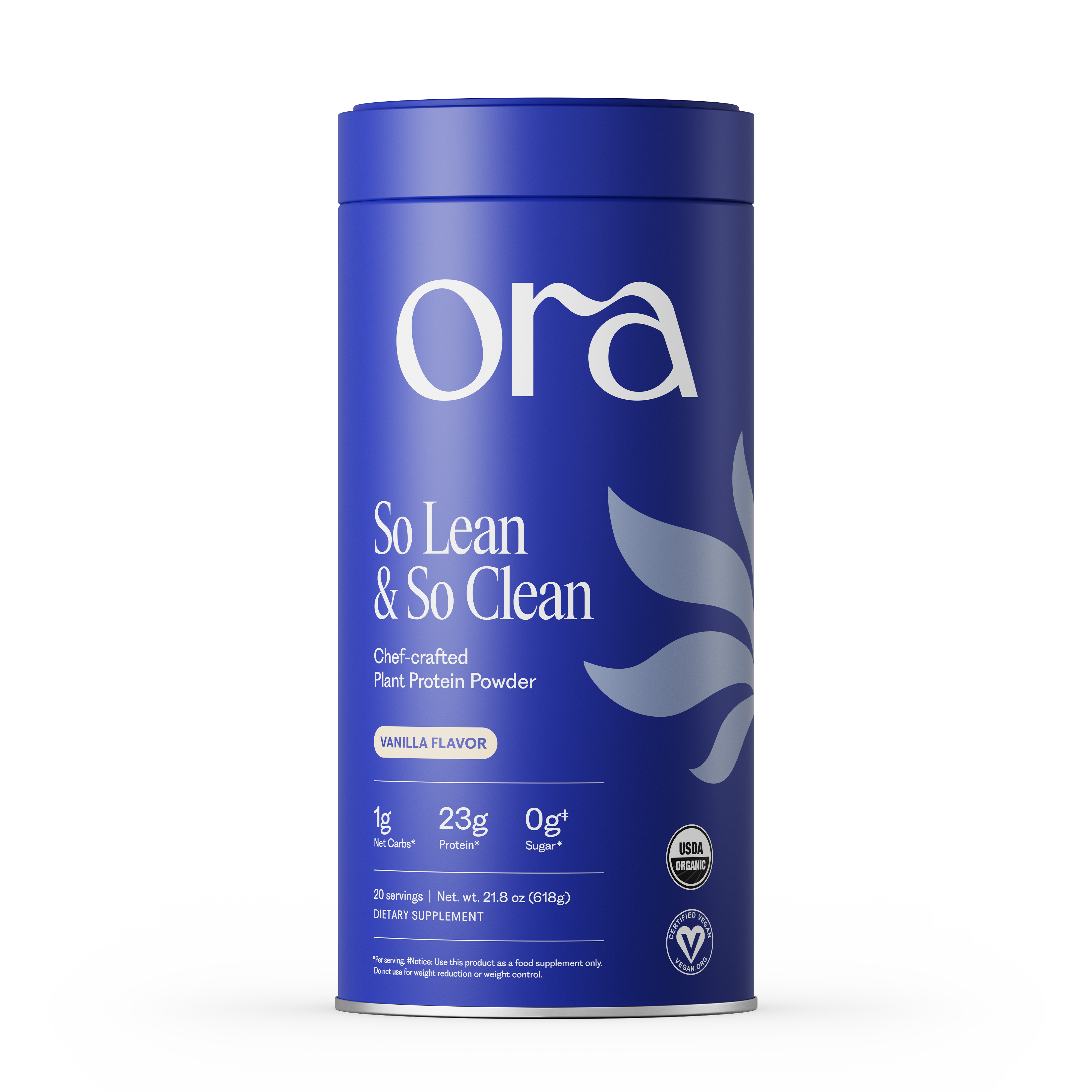 Blue container of vanilla-flavored plant protein powder.