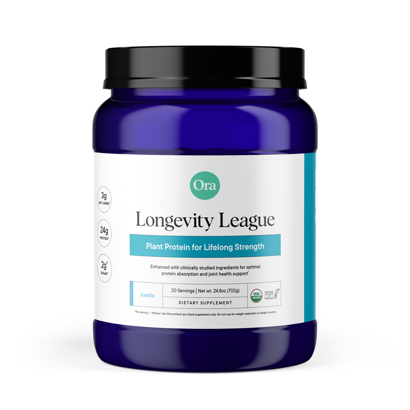Blue container of Ora Longevity League plant protein supplement.