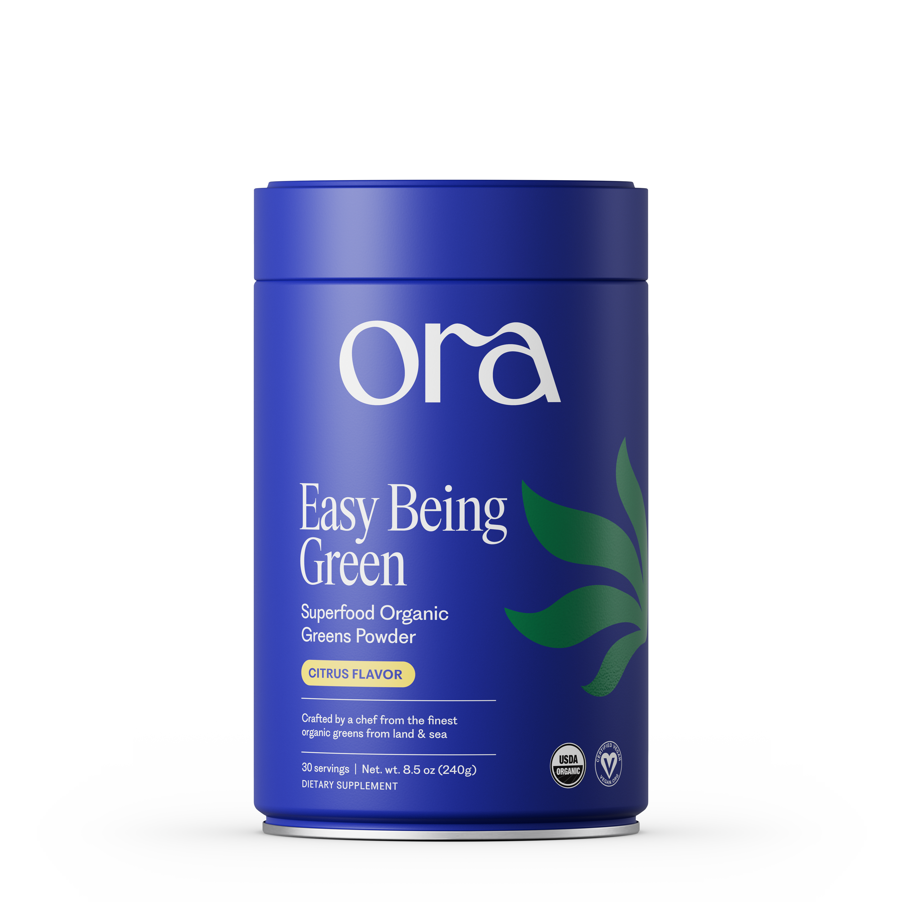 A blue container of Ora Easy Being Green Superfood Organic Greens Powder with a citrus flavor.