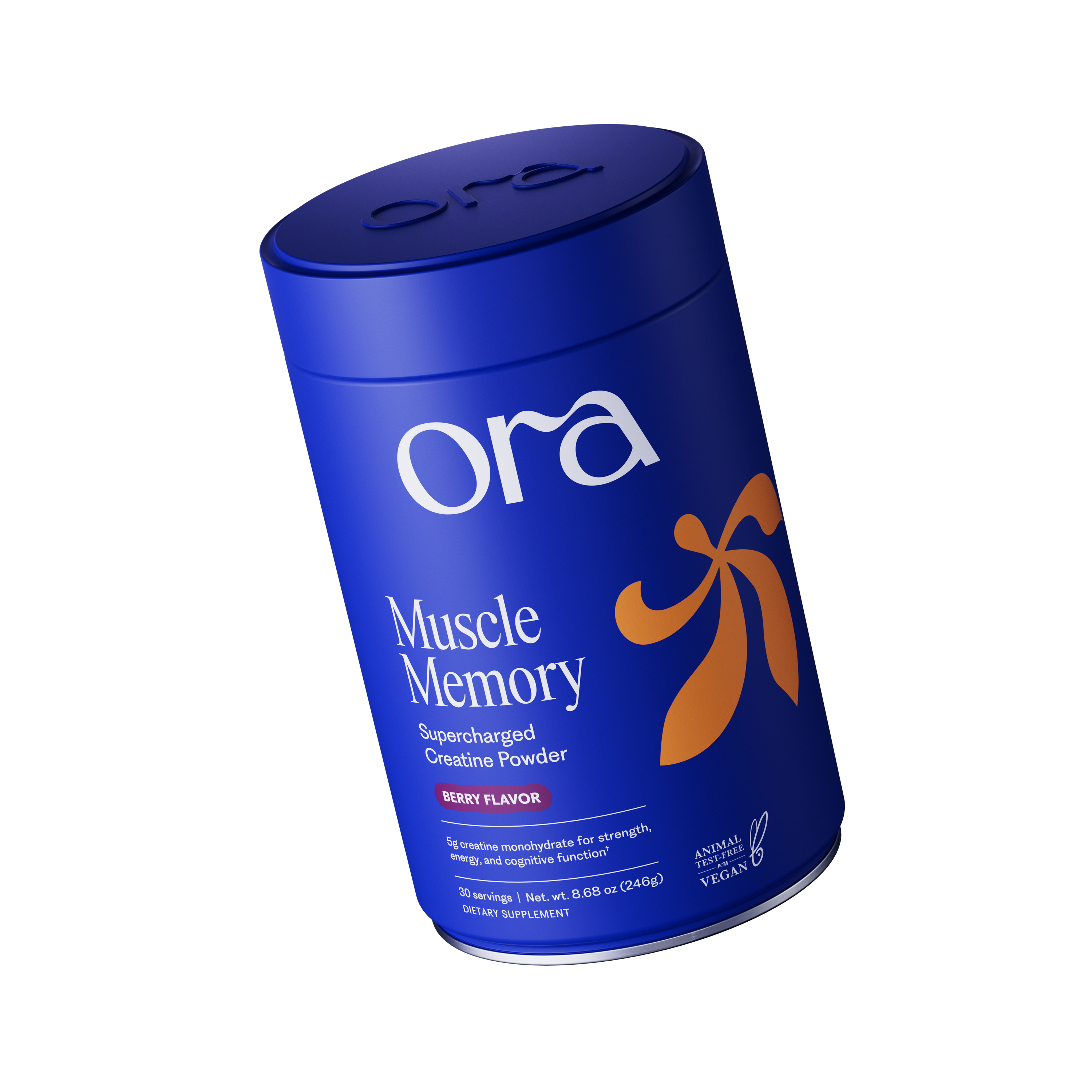 Blue container of Ora Muscle Memory creatine powder.