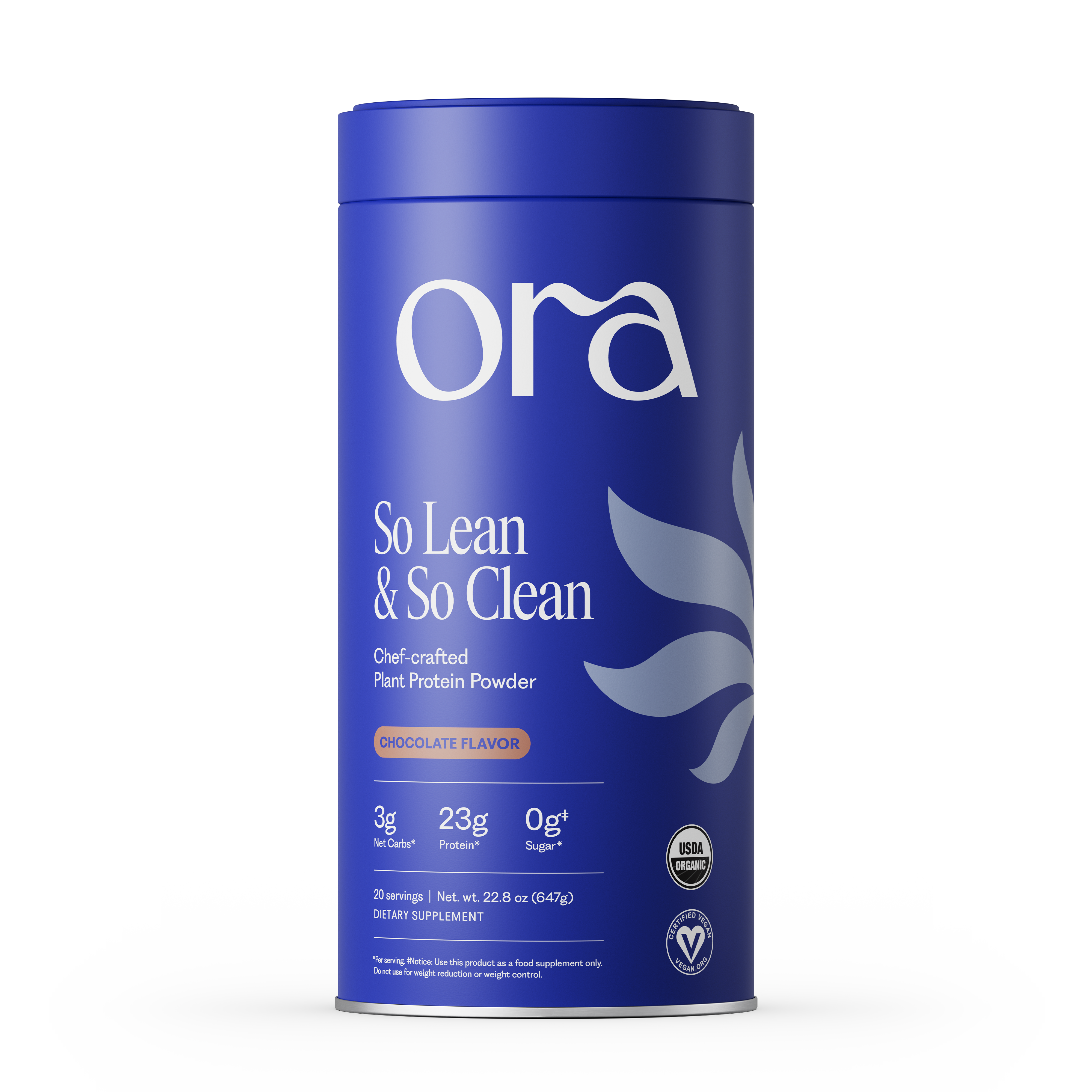 A blue canister of Ora So Lean & So Clean chocolate flavored plant protein powder.