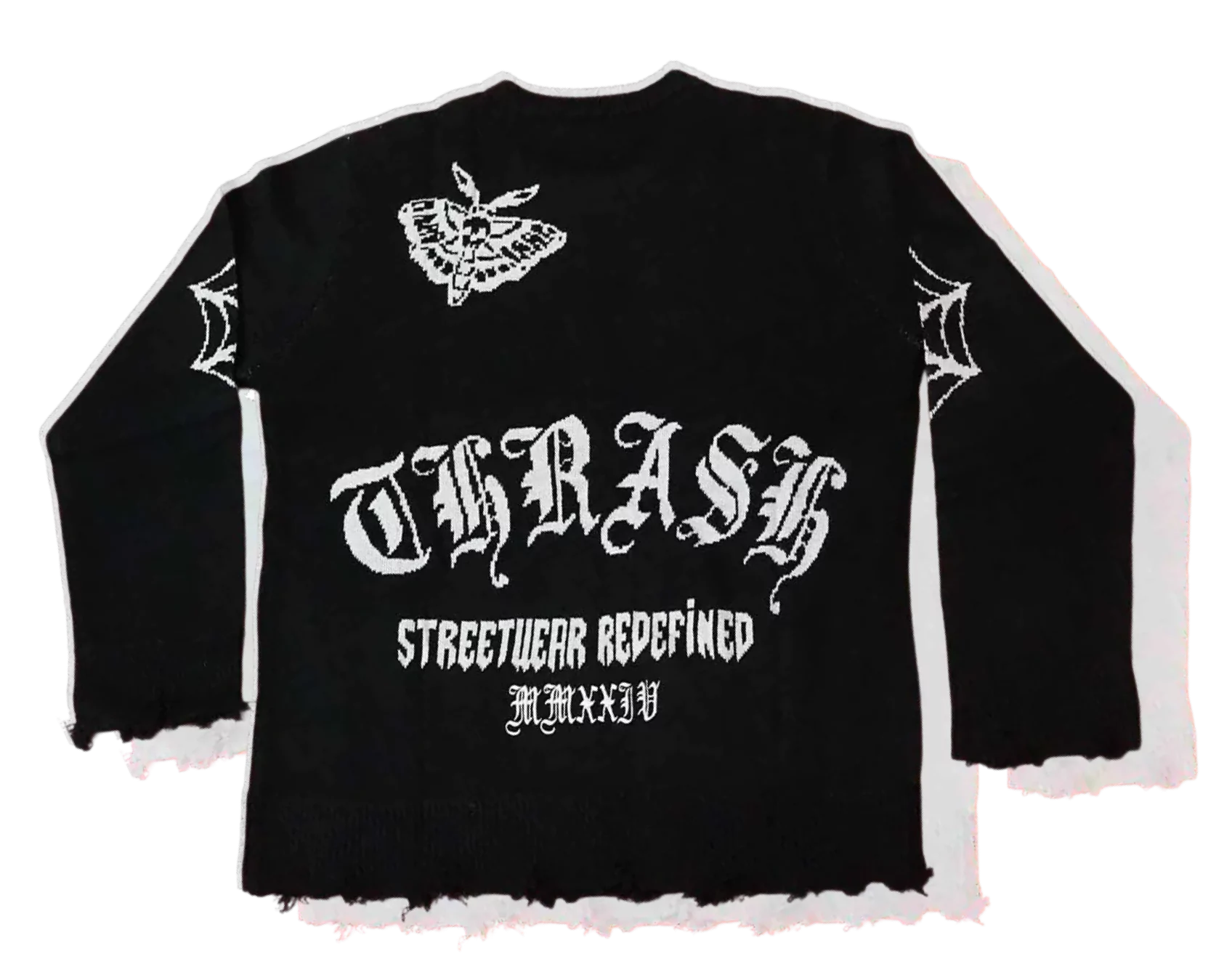 Black sweatshirt with Gothic text, moth, cobweb designs, and distressed hems.