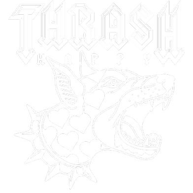 A stylized, aggressive dog graphic with hearts, accompanied by the words 'Thrash Happy' in bold text.