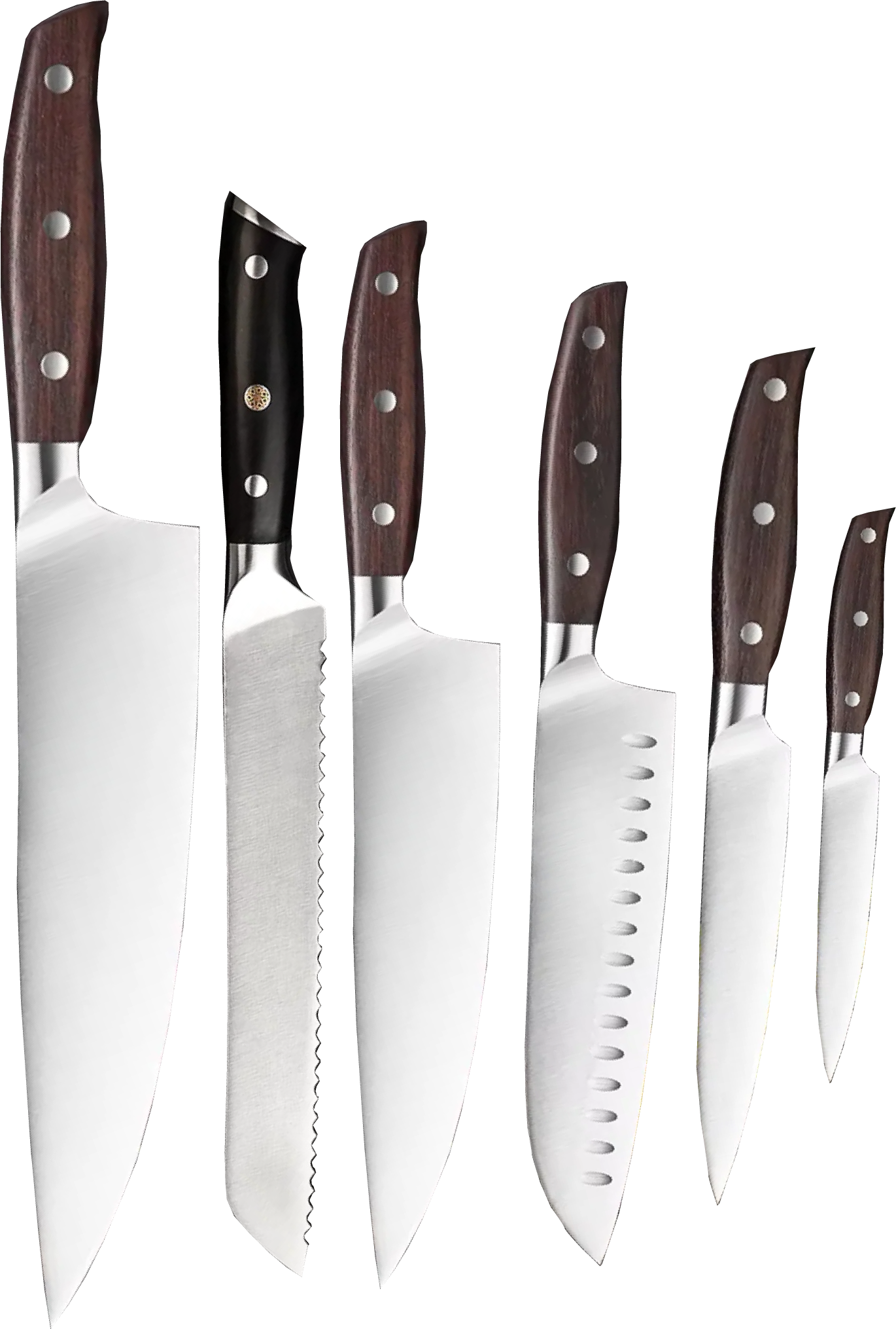 Set of six kitchen knives with wooden handles on a white background.