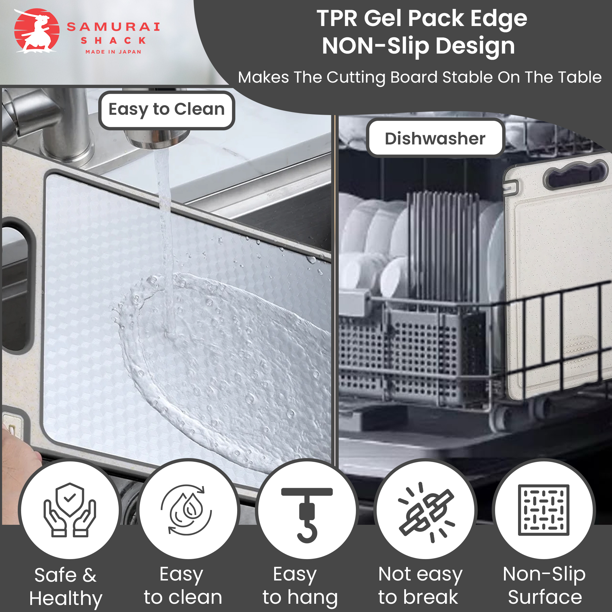 Cutting board being washed and placed in a dishwasher, with icons highlighting features.