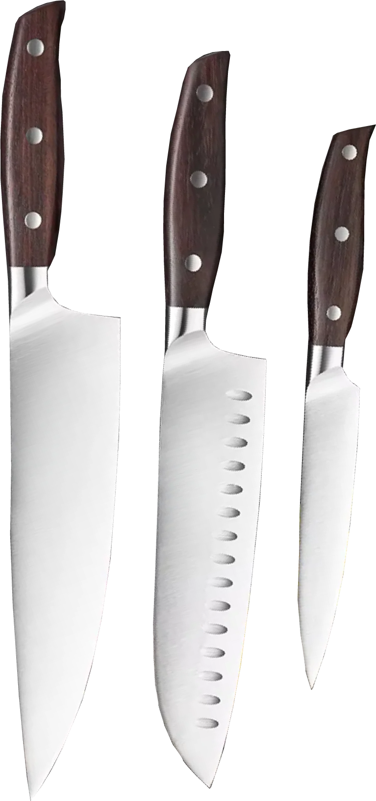 Three kitchen knives with wooden handles on a white background.