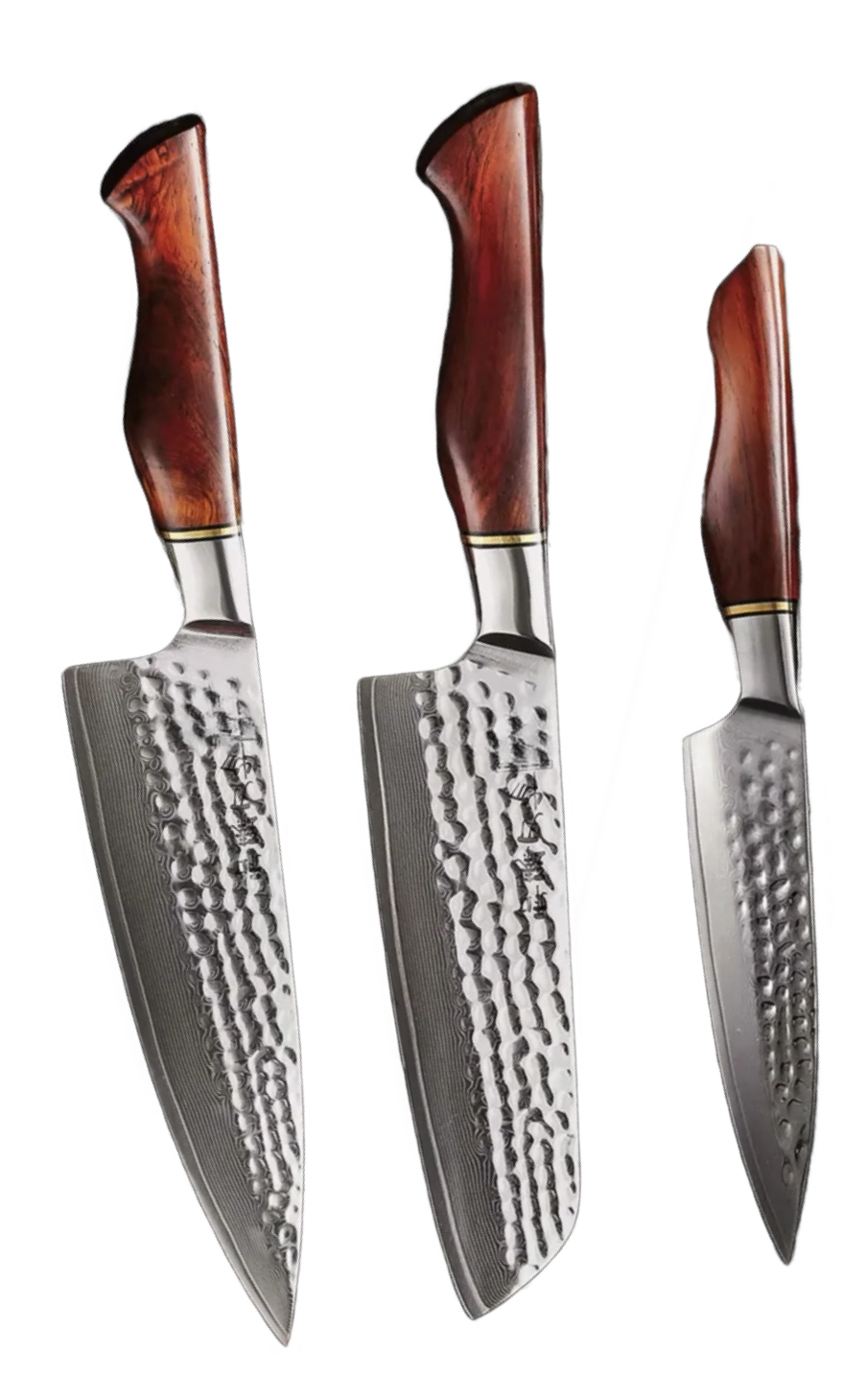 Three chef knives with textured blades and wooden handles.