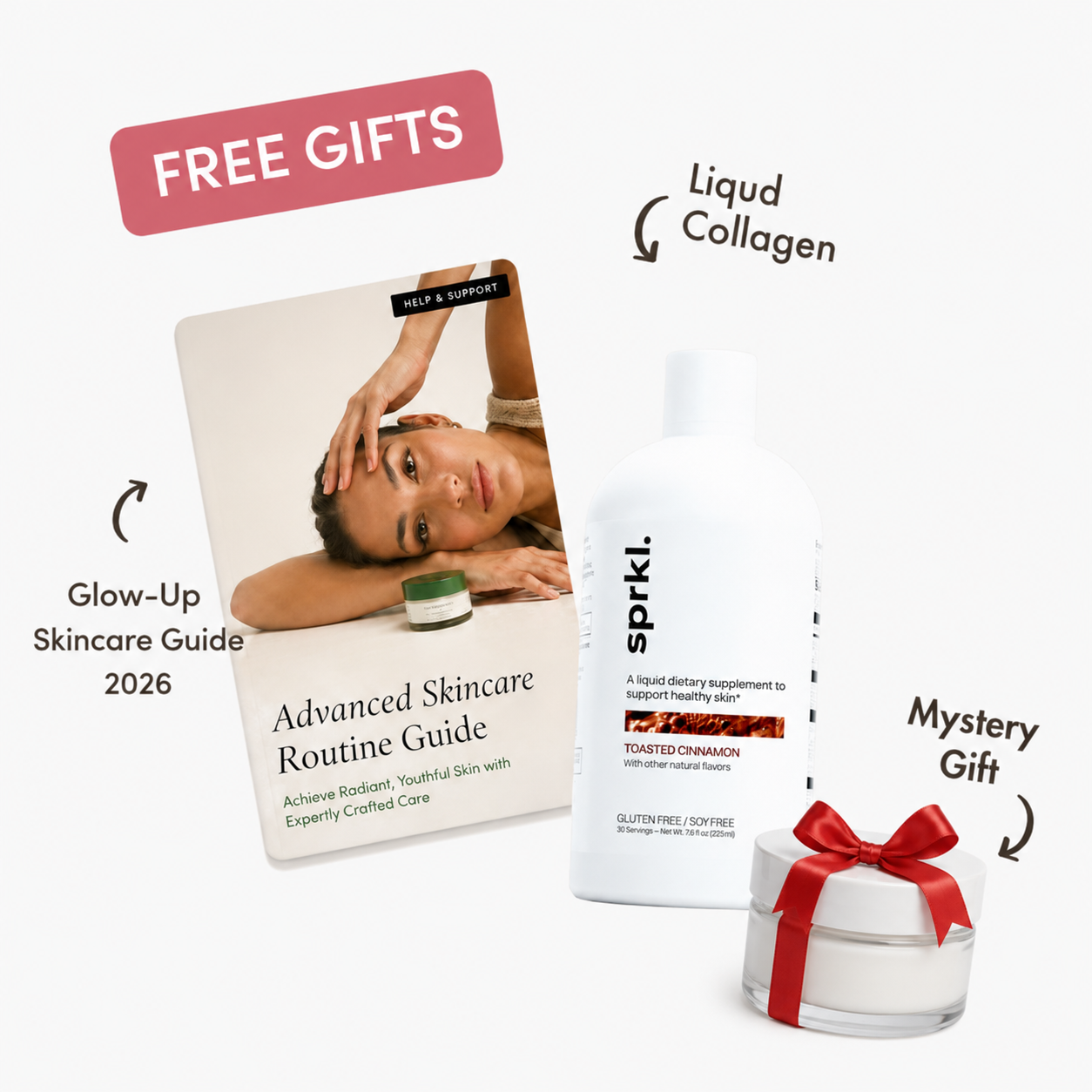 Promotional image advertising free gifts: a skincare guide, liquid collagen, and a mystery gift with a red bow.