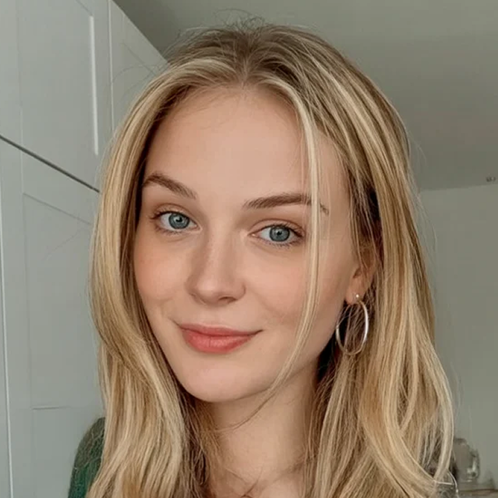 A person with long blonde hair and hoop earrings smiles indoors.