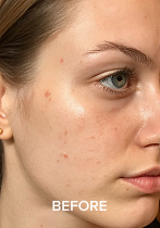 Close-up of a person's face with visible skin blemishes, labeled 'BEFORE.'