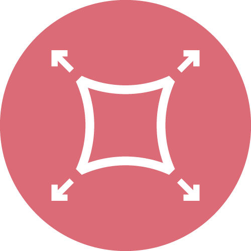 A pink circular icon with a white square and arrows pointing outwards from the corners, symbolizing expansion.