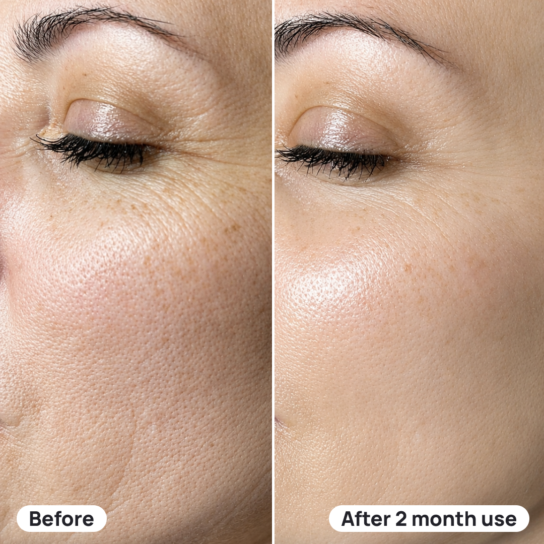 A before-and-after comparison of a woman's skin, showing a reduction in wrinkles around the eye.