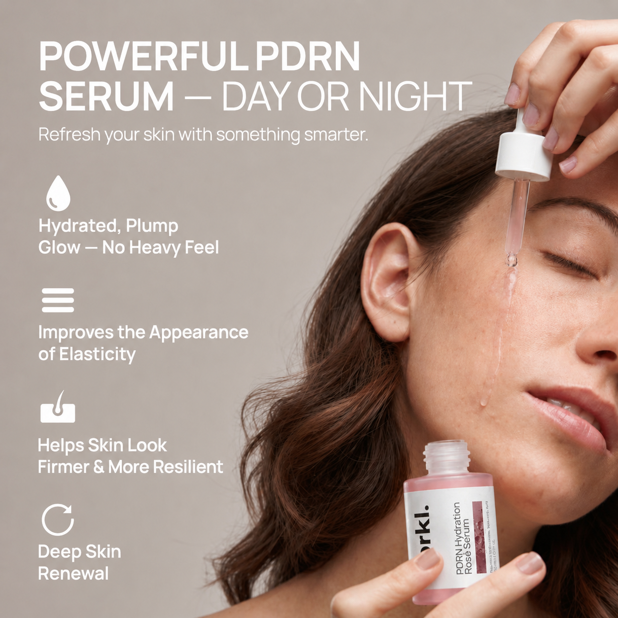 A woman applies pink facial serum to her cheek with a dropper next to text listing its benefits.