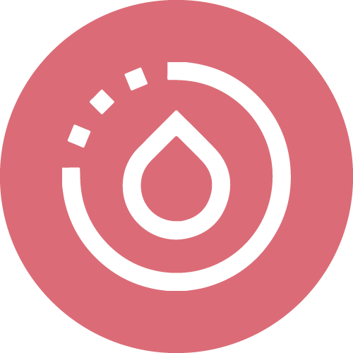 A pink circular icon with a white water drop surrounded by a partial, dashed circle.