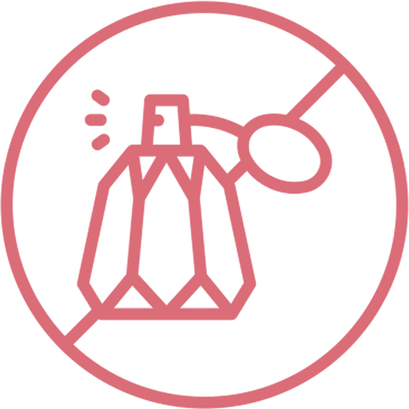 A pink line icon of a perfume bottle inside a prohibition sign, indicating a fragrance-free area.