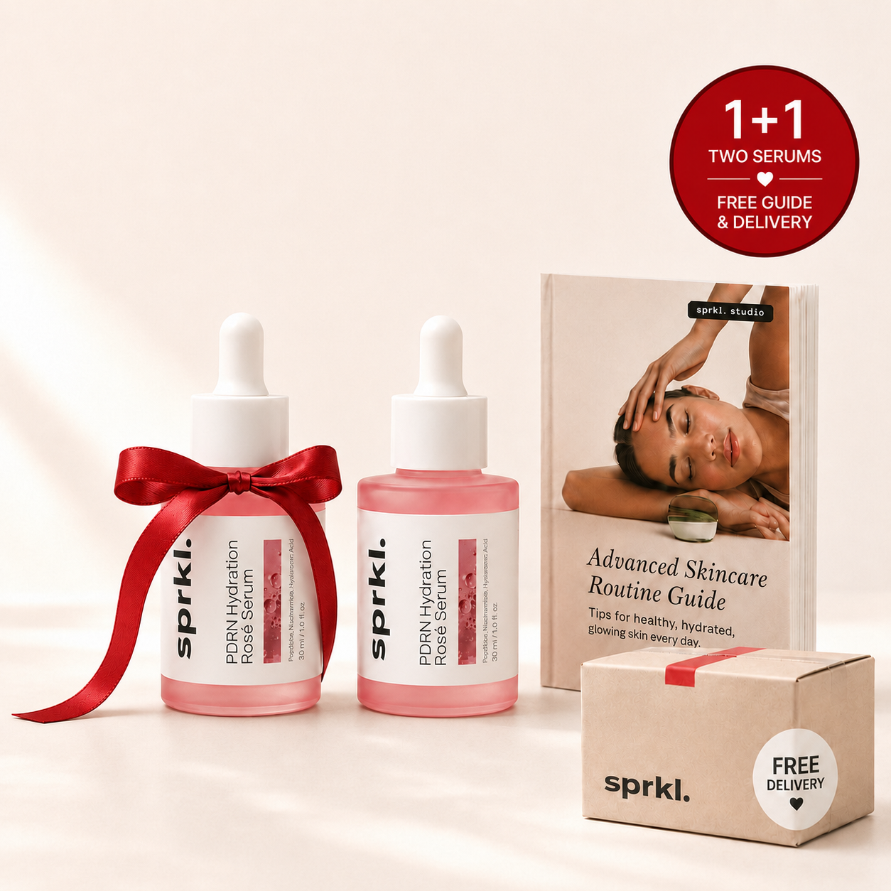 Two bottles of sprkl. rose serum, one with a red ribbon, next to a skincare guide and a box.