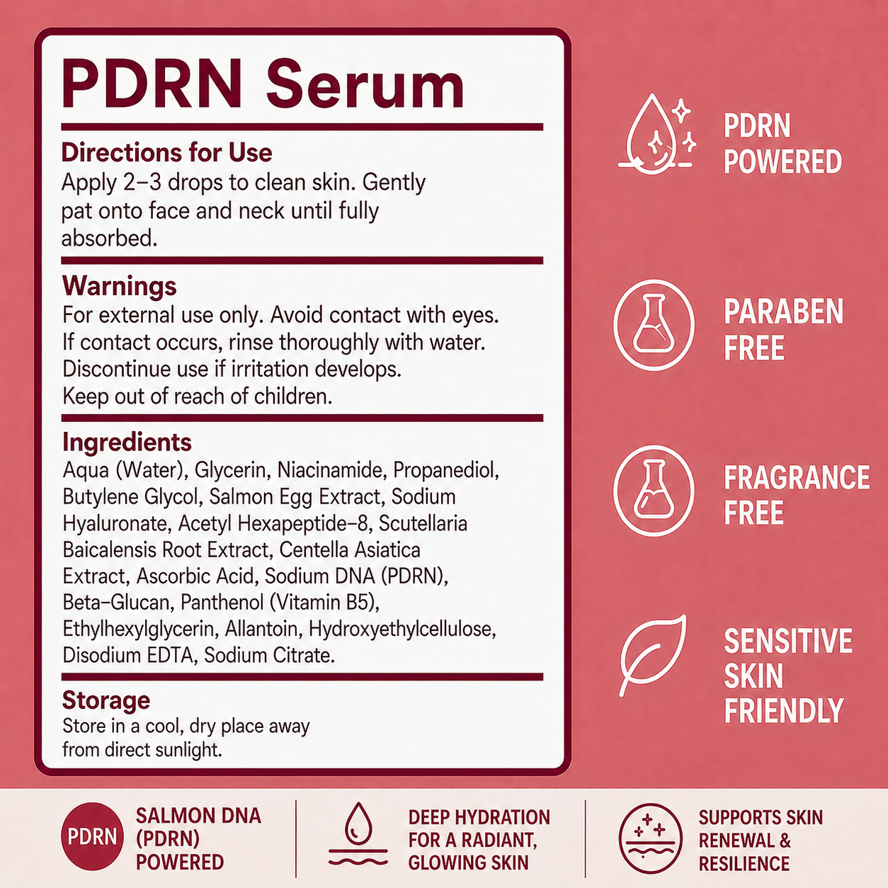 An informational graphic for PDRN Serum, showing directions, warnings, ingredients, and benefits.