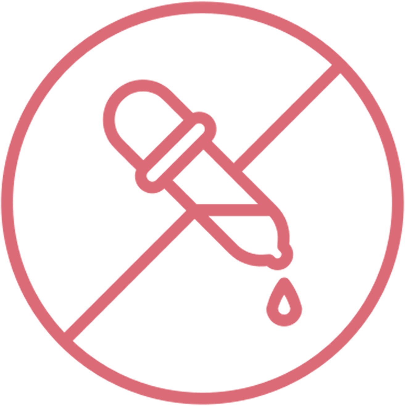 A pink icon of an eye dropper with a drop falling from it, crossed out in a circle.
